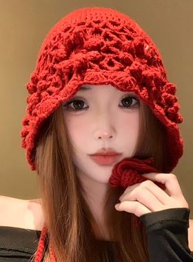 手工钩花双层流苏毛线包头帽女冬