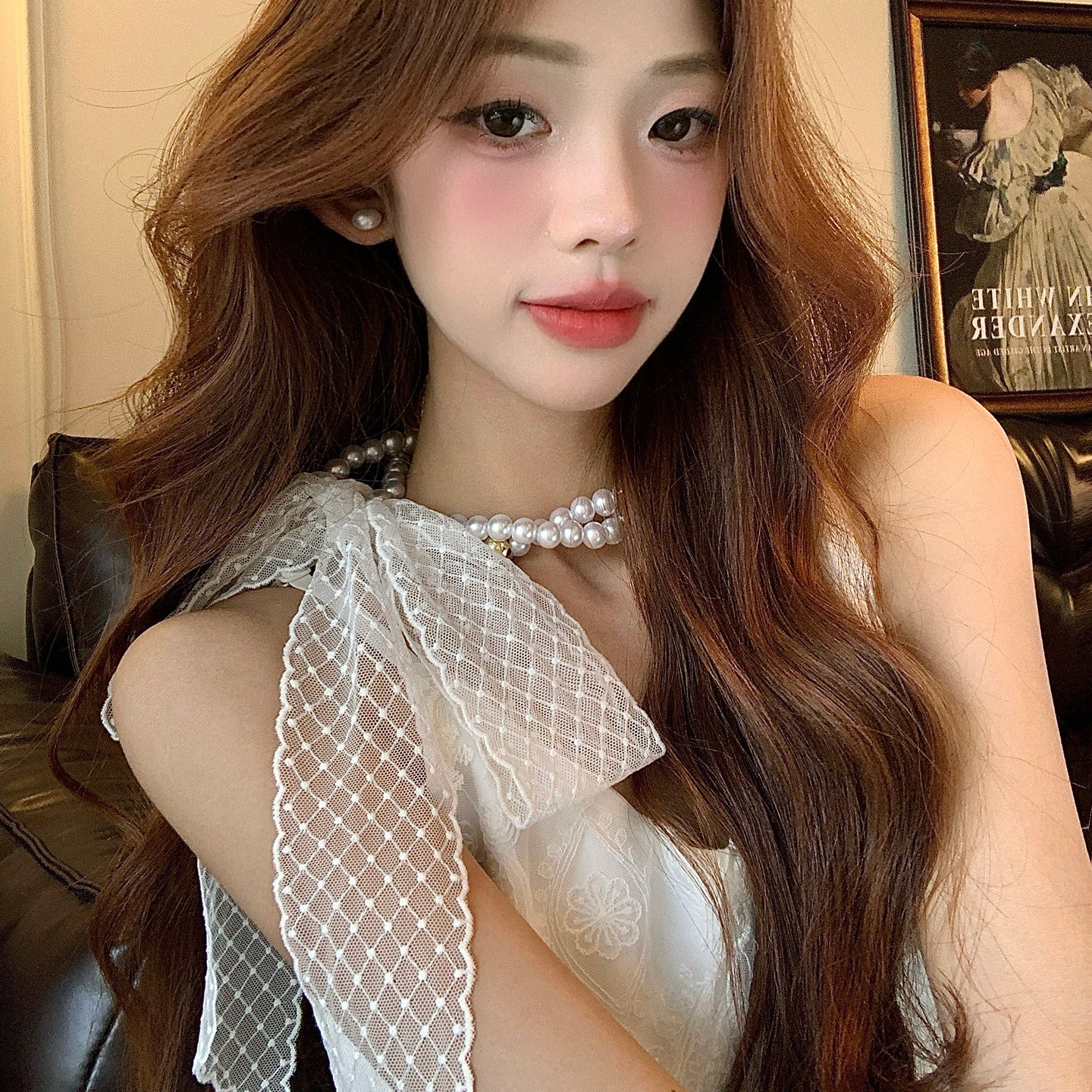 珍珠项链蕾丝丝巾女新款系脖高级感脖饰长条领巾飘带发带腰带