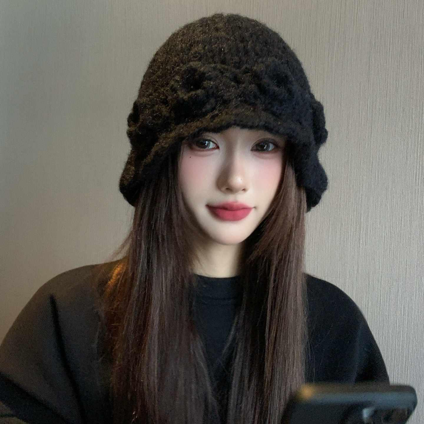 秋冬季立体花朵针织毛线帽女户外