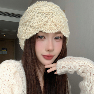 手工钩花帽子女春秋冬季保暖双层针织毛线帽时尚百搭镂空包头帽