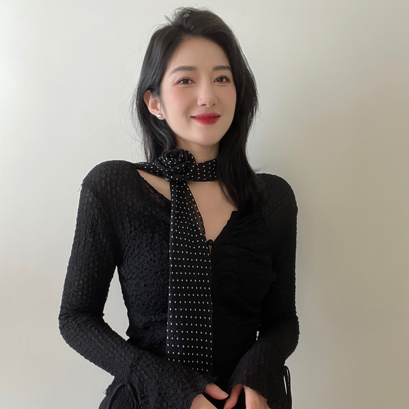 长条波点丝巾女春秋夏季新款百搭立体玫瑰花围脖飘带细窄高级感潮