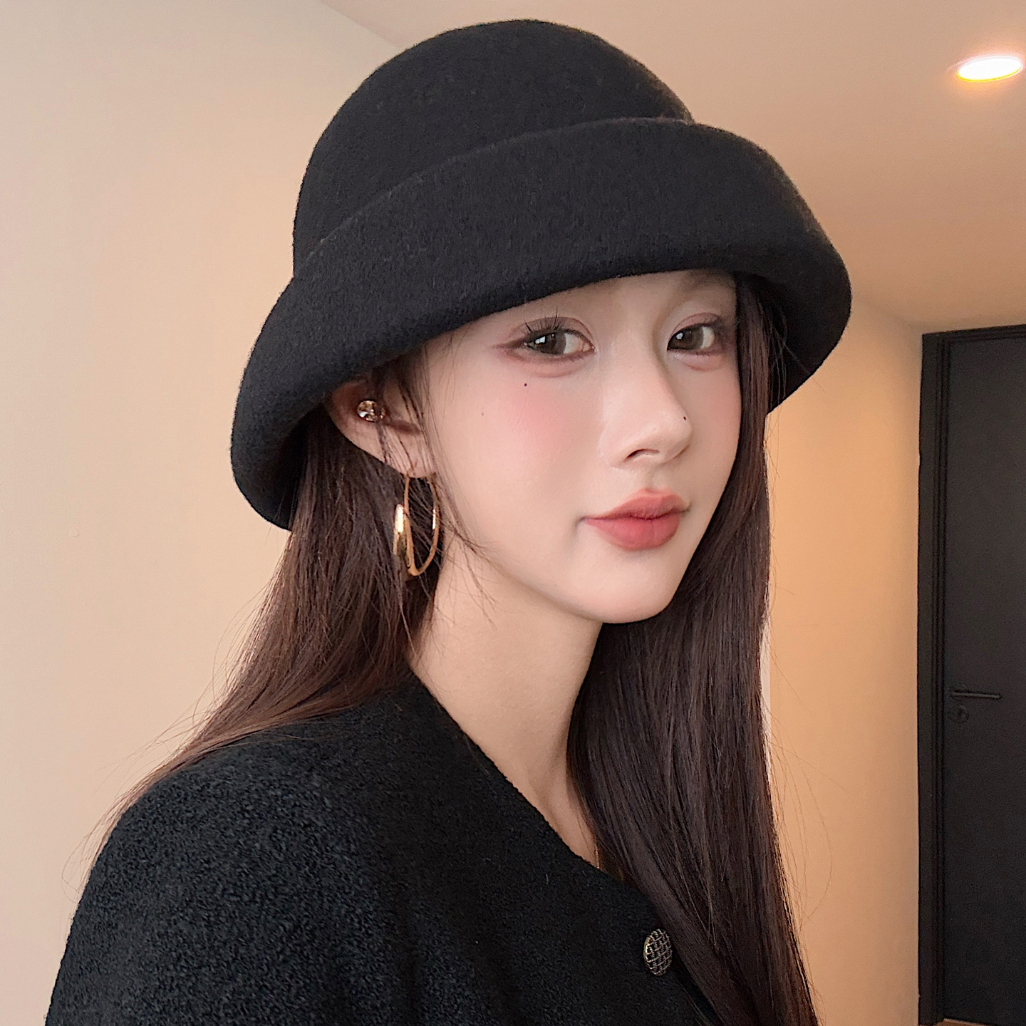 卷边羊毛礼帽女秋冬季大头围纯色
