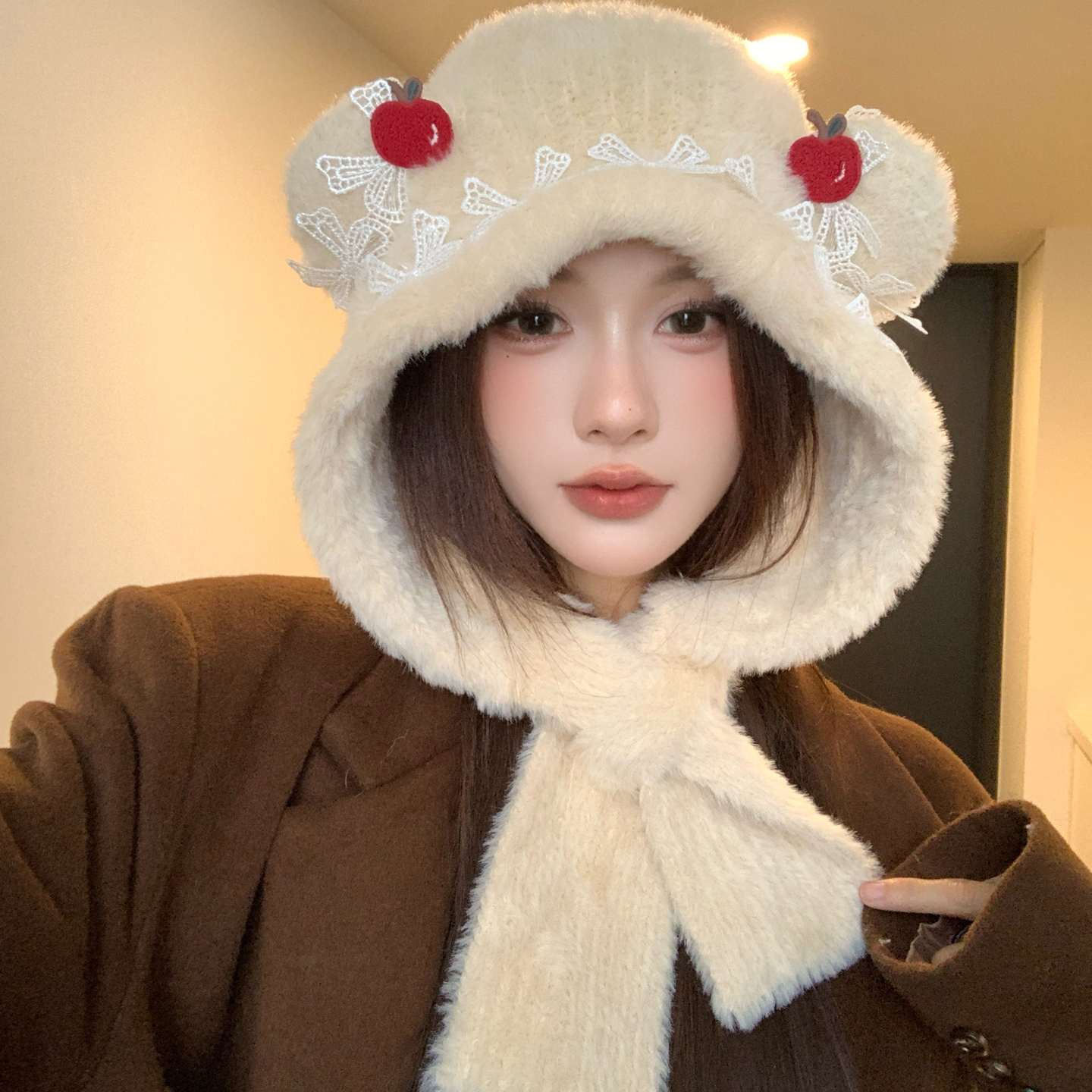 甜美可爱毛绒绒熊耳朵套头帽秋冬