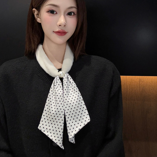 新款 饰围巾潮 珍珠磁吸扣懒人丝巾百搭领巾纯色毛绒拼接软糯手感装