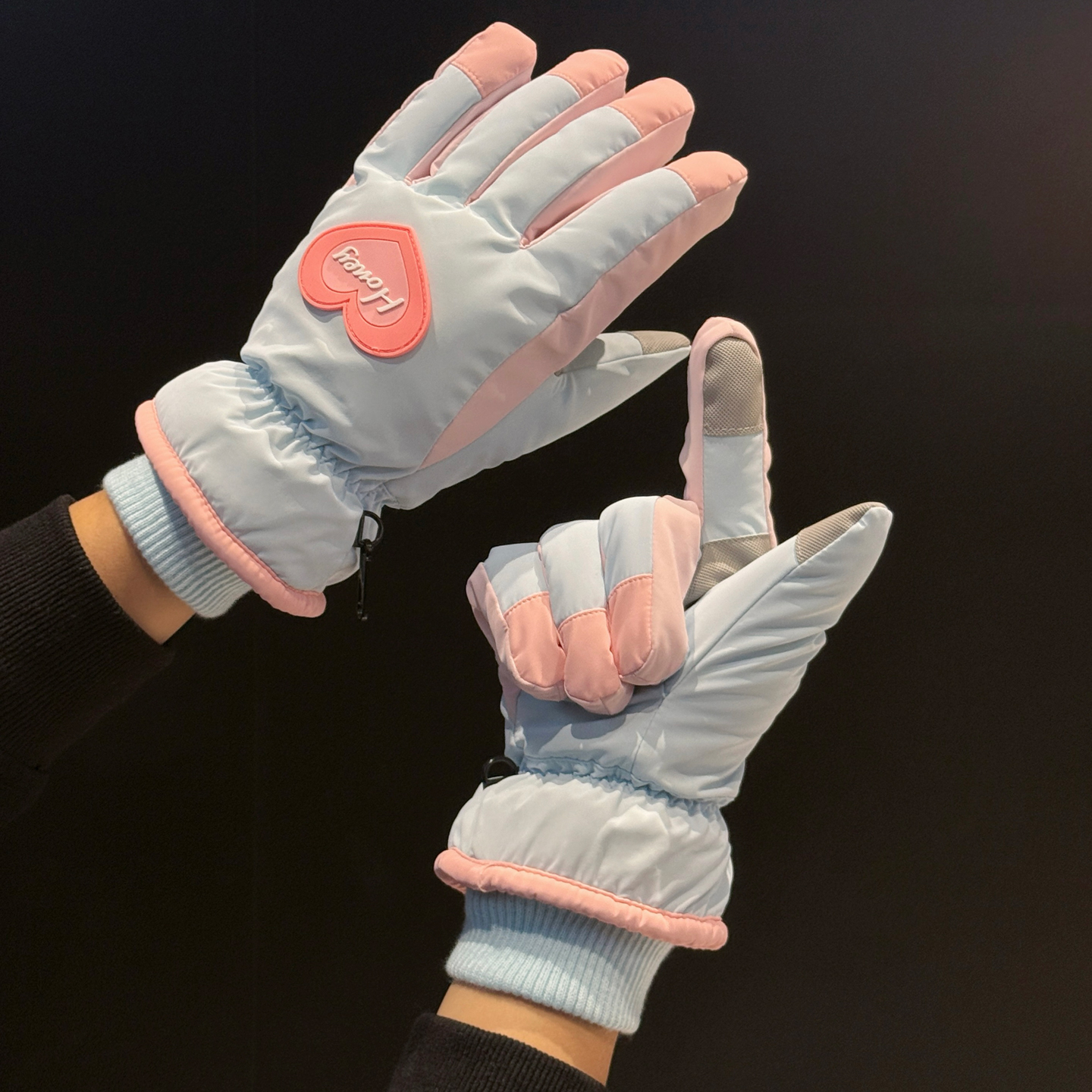 甜美爱心保暖加绒滑雪手套女冬季