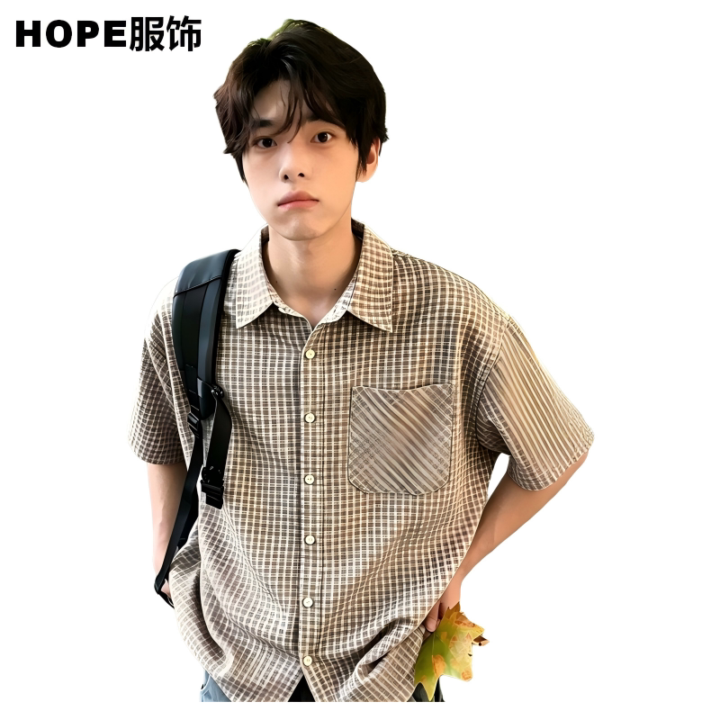 日系复古格子衬衫短袖男款夏季干净清爽男生穿搭宽松半袖衬衣外套