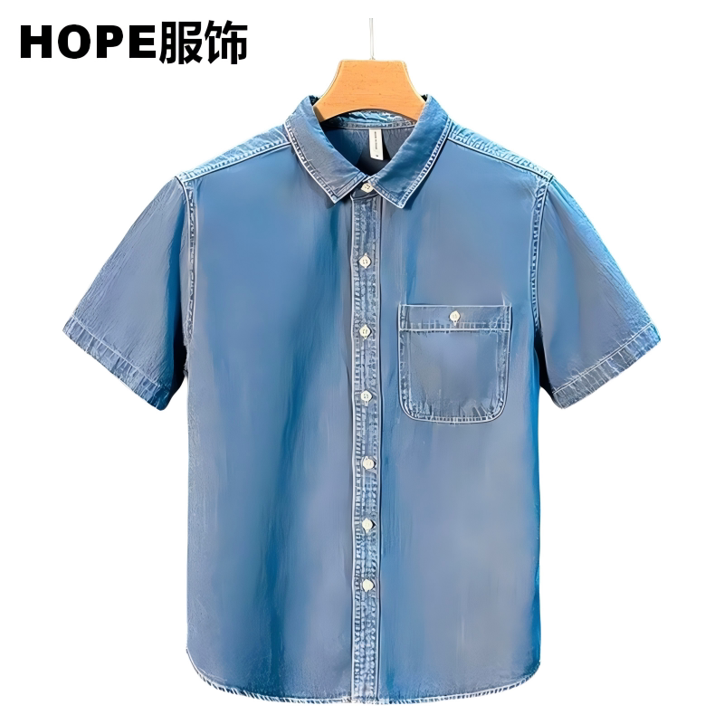 日系潮流薄款蓝色牛仔短袖衬衫男士夏季新款简约百搭痞帅衬衣外套