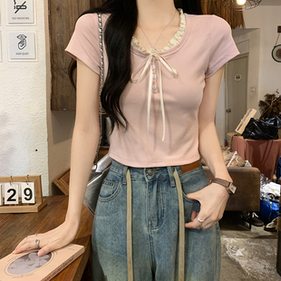 实拍新品短袖t恤纯棉系带修身短款网纱圆领上衣休闲百搭复古美洋