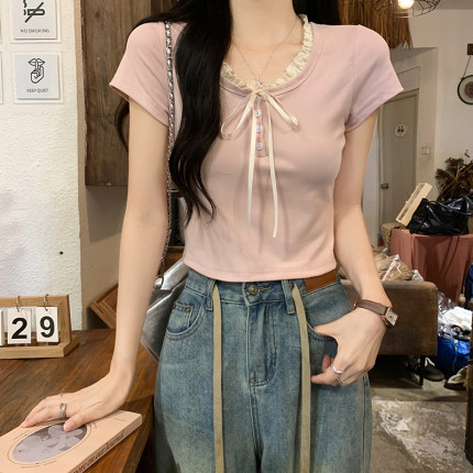 实拍新品短袖t恤纯棉系带修身短款网纱圆领上衣休闲百搭复古美洋