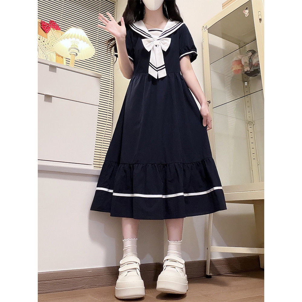 实拍学院风夏季海军风水手服显瘦宽松甜美连衣裙