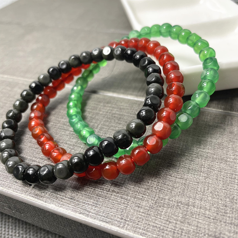 天然玛瑙方糖隔珠6mm手连直切黑玛瑙红玛瑙草莓晶盘珠手串绿白diy