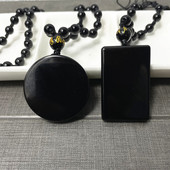 天然黑曜石无事牌吊坠挂坠圆形长方形无事牌珠链毛衣链挂坠项链牌