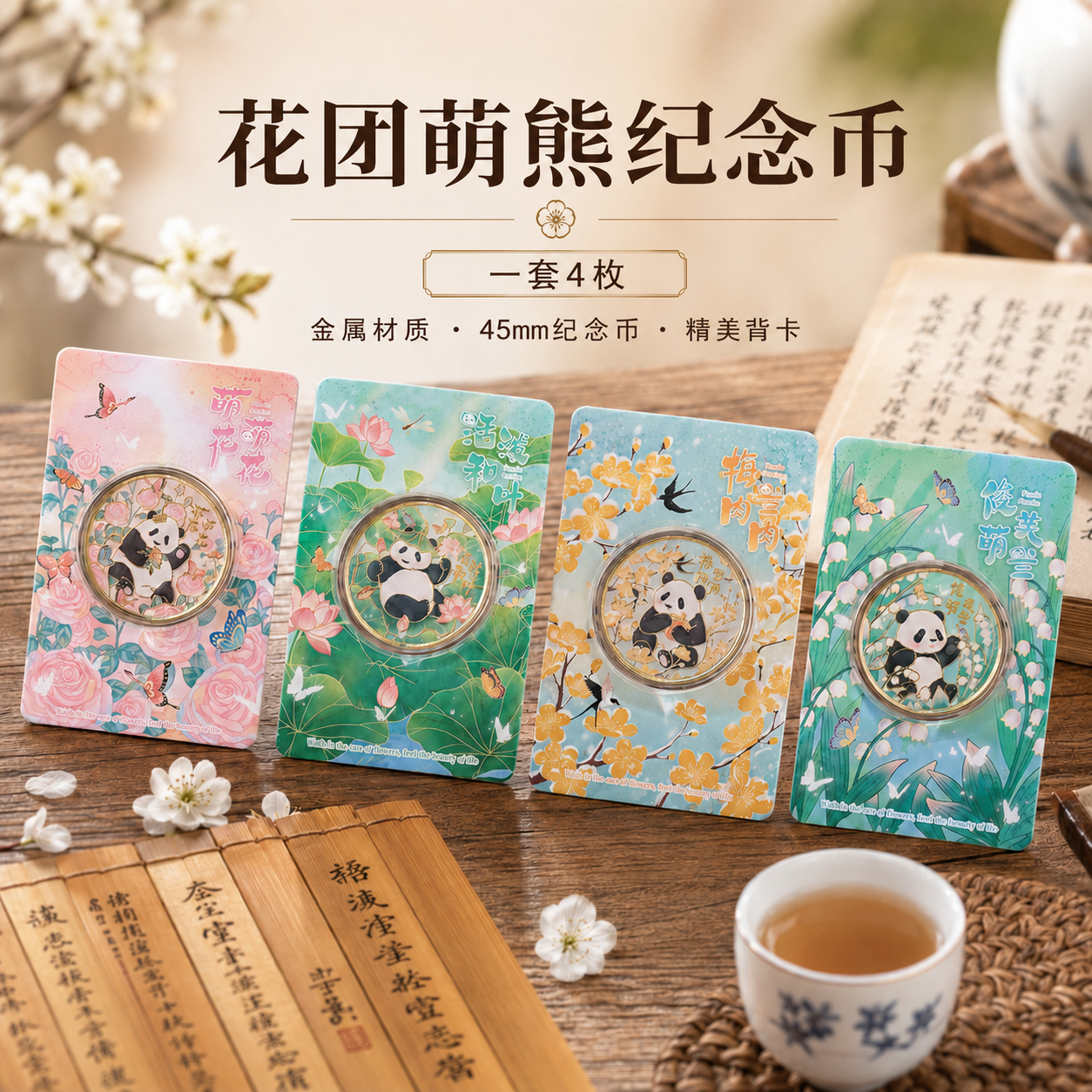 中国风花园萌熊纪念币金属45mm精美背卡4枚套装文创礼品