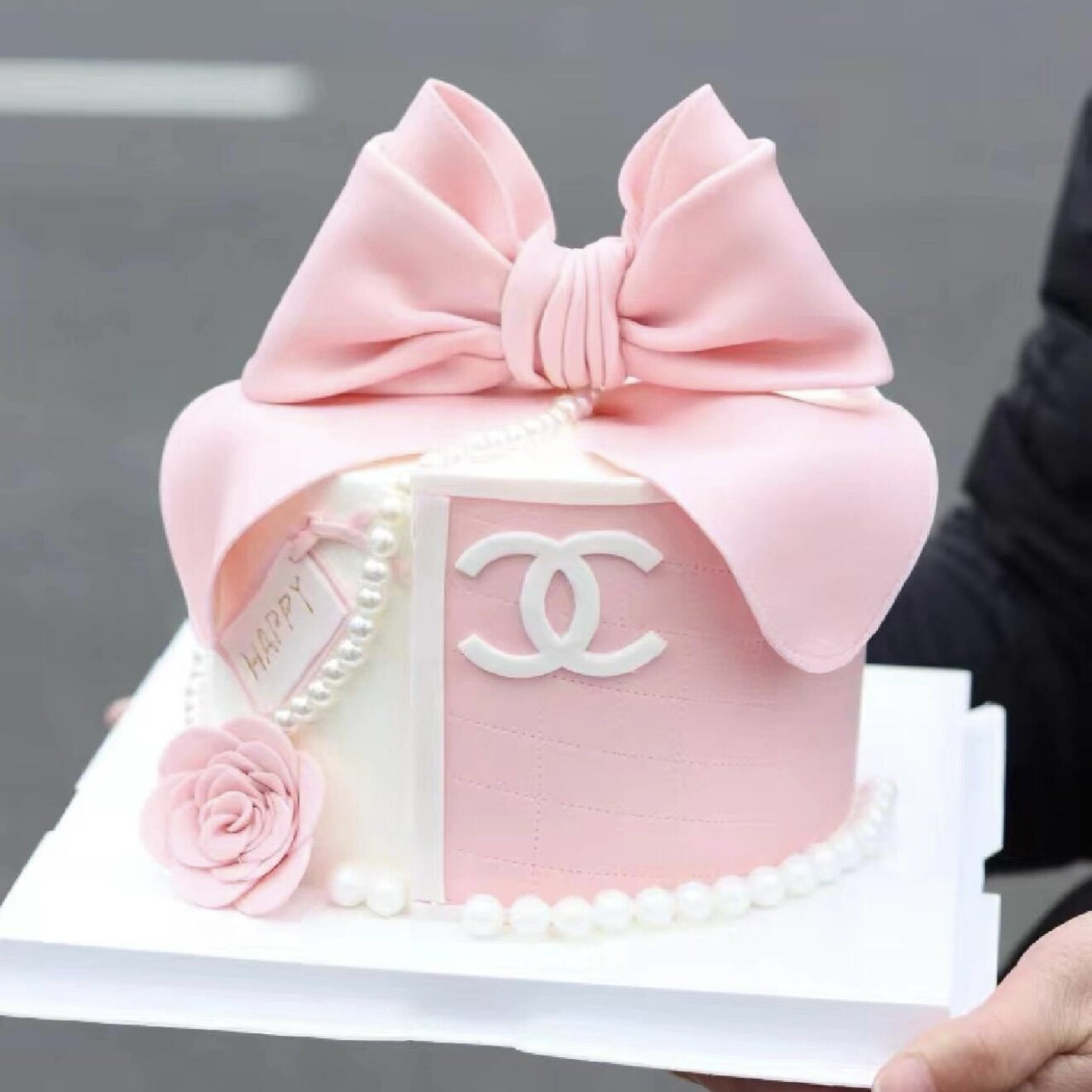 仿真蛋糕蝴蝶结半翻糖唯美白色飘带女生生日蛋糕模型影楼拍照道具
