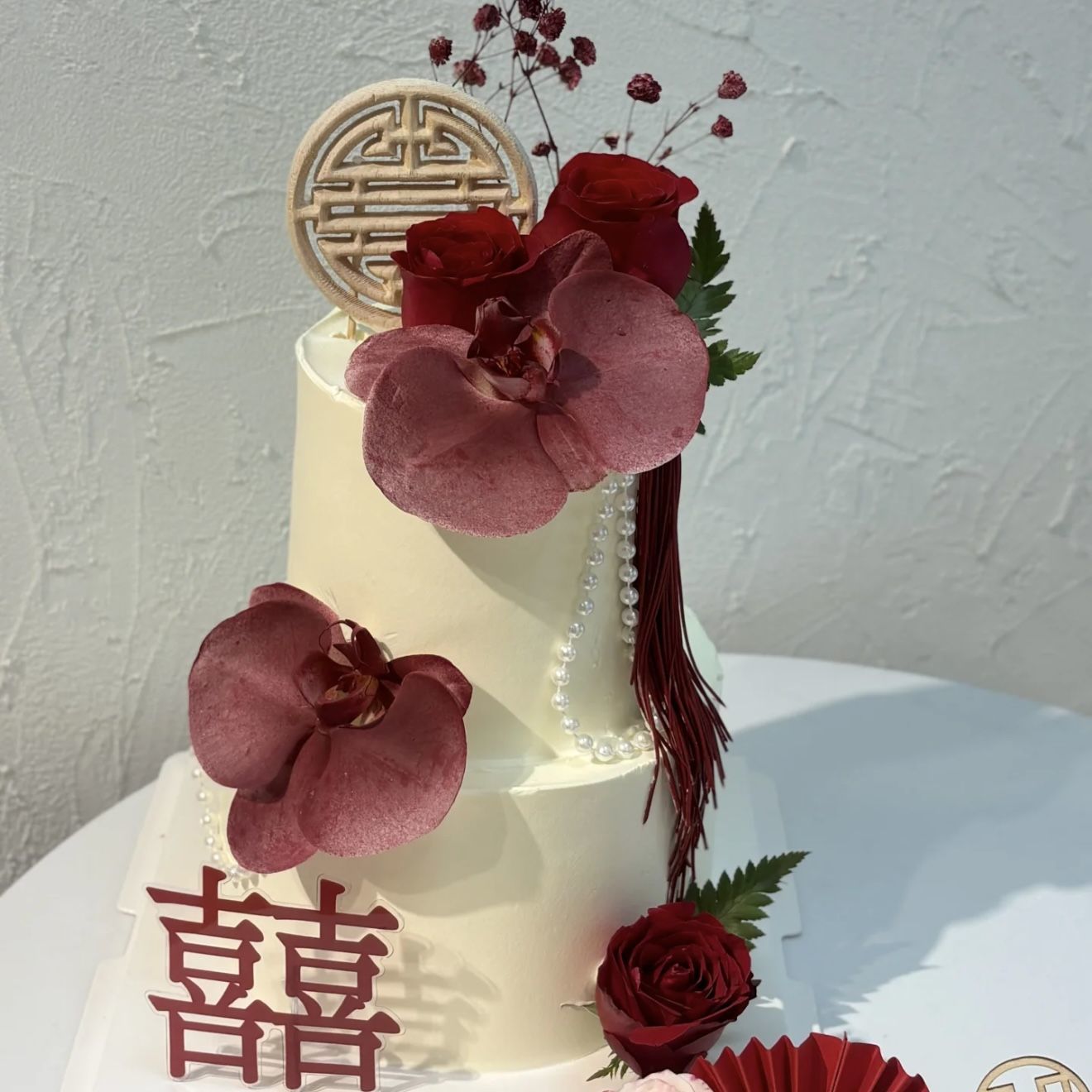 双层蛋糕模型订婚结婚仿真蝴蝶兰新中式仿真蛋糕塑胶拍照道具橱窗