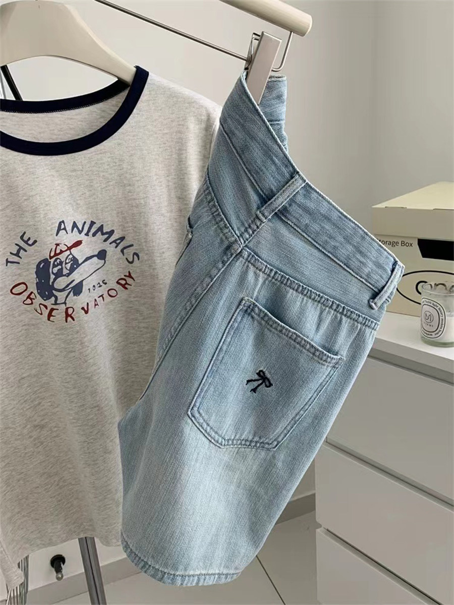 大码复古牛仔短裤女夏季薄款胖mm宽松显瘦高腰直筒阔腿a字热裤子