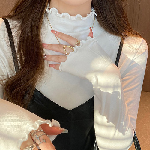 白色半高领打底衫女春秋木耳边内搭长袖中领绝美单穿上衣2026新款