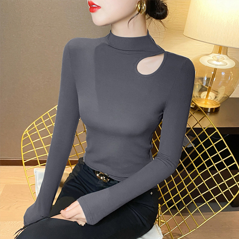 半高领打底衫女镂空长袖秋冬内搭修身高级感轻奢针织上衣2025新款