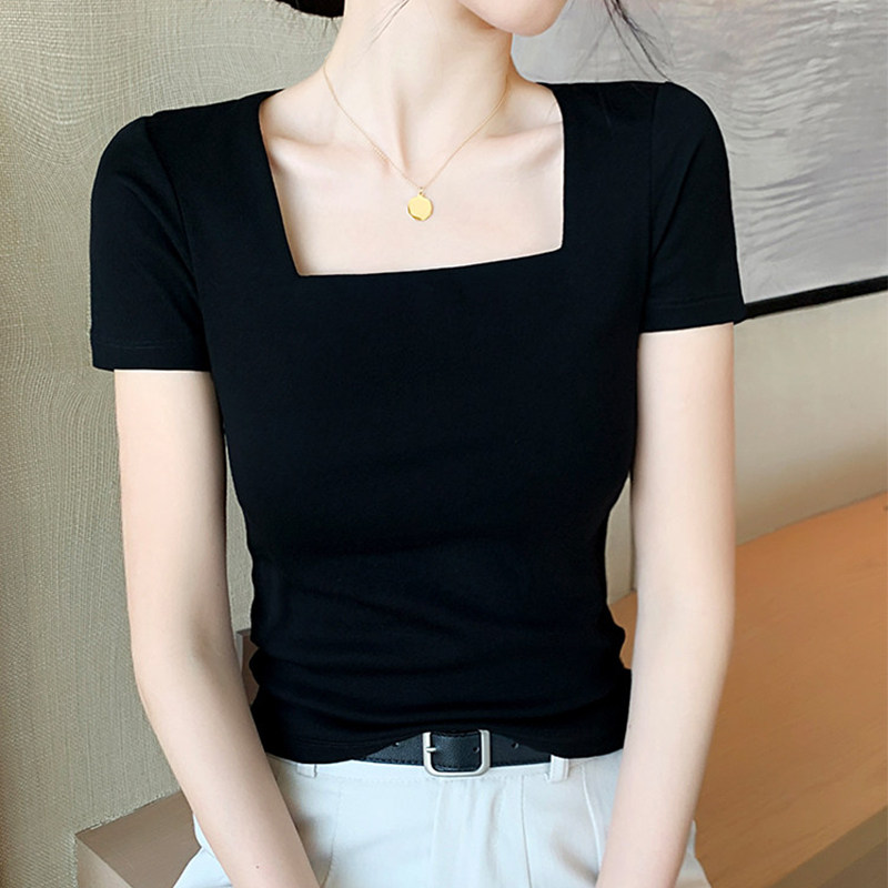 黑色方领短袖t恤女夏季修身减龄显瘦齐腰正肩短款上衣2026年新款 - 实物图