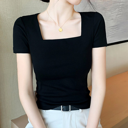黑色方领短袖t恤女夏季修身减龄显瘦齐腰正肩短款上衣2026年新款