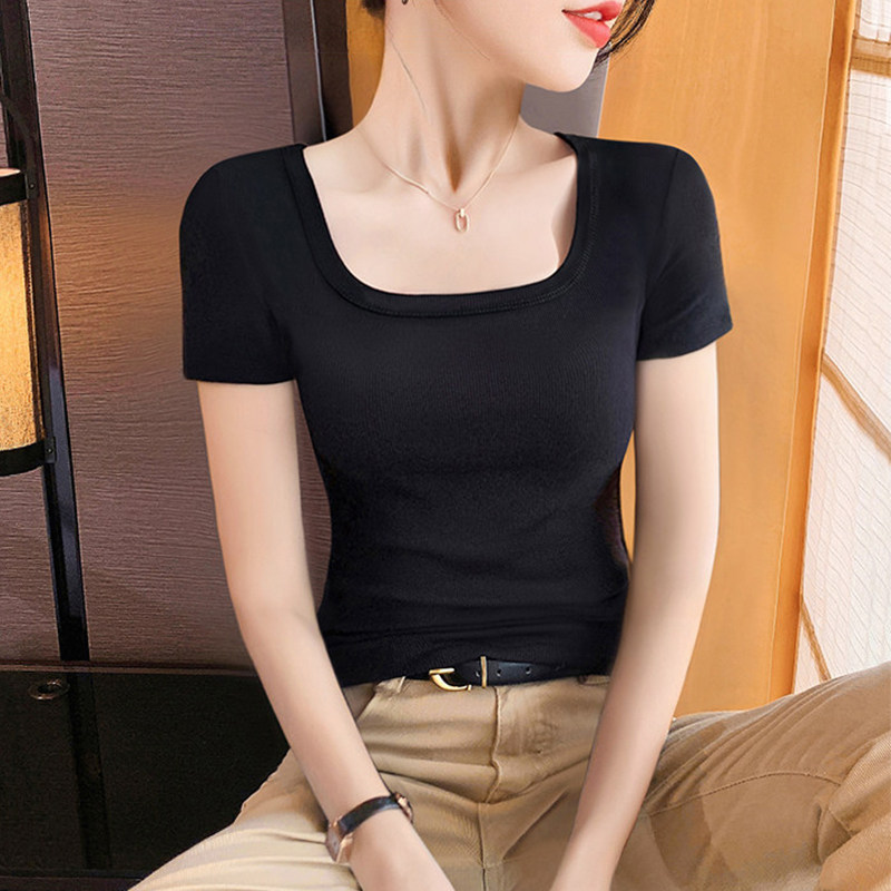 黑色方领短袖T恤女夏季2026新款修身高弹显瘦露锁骨低领正肩上衣