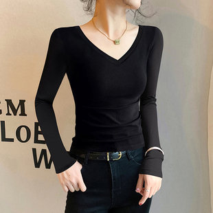 黑色V领打底衫女内搭2025新款春秋冬修身长袖T恤高级感可外穿上衣