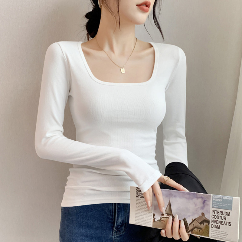 2026新款内搭长袖打底衫女春秋莫代尔白色方领修身高级感t恤上衣