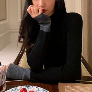撞色半高领打底衫女内搭秋冬修身加绒磨毛长袖针织可外穿中领上衣