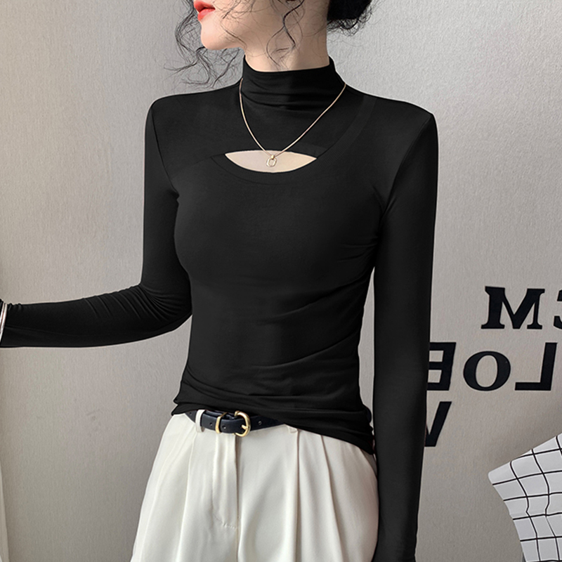 黑色半高领打底衫女内搭2025新款秋冬修身长袖时尚镂空高级感上衣