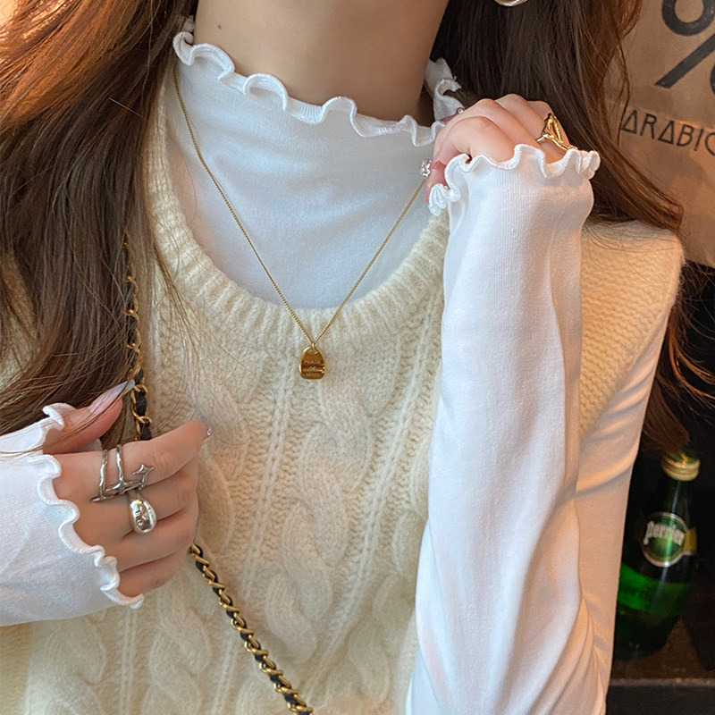 半高领打底衫女2026春装新款高级感内搭针织长袖木耳边花边领上衣