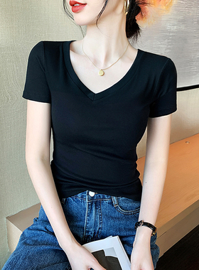 黑色莫代尔v领短袖t恤女士夏季2026新款修身遮肉显瘦半袖小衫上衣