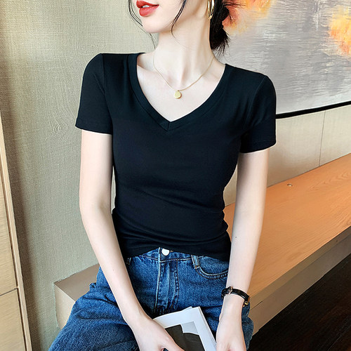 黑色莫代尔v领短袖t恤女士夏季2026新款修身遮肉显瘦半袖小衫上衣
