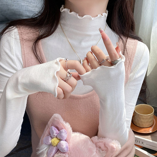 白色半高领打底衫女秋冬内搭2025新款加厚磨毛木耳边中领洋气上衣