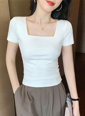 白色正肩方领短袖T恤女夏季修身显瘦设计感小众减龄洋气短款上衣