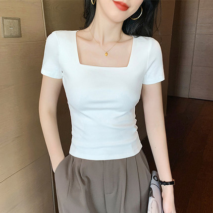 白色正肩方领短袖T恤女夏季修身显瘦设计感小众减龄洋气短款上衣