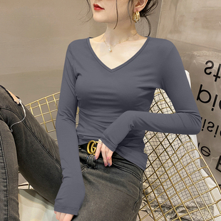 莫代尔V领长袖t恤女春秋内搭修身显瘦打底衫鸡心领可外穿正肩上衣