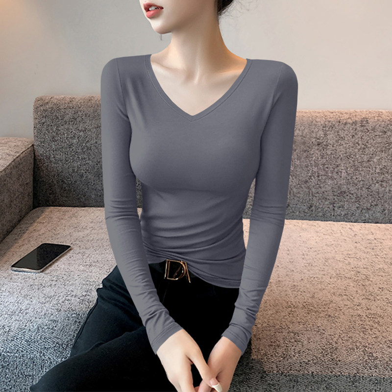 灰色v领打底衫女春秋内搭显瘦时尚减龄长袖t恤弹力修身莫代尔上衣