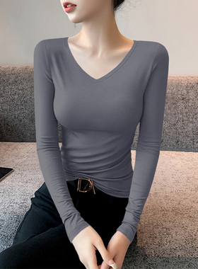 灰色v领打底衫女秋冬内搭显瘦时尚减龄长袖t恤弹力修身莫代尔上衣