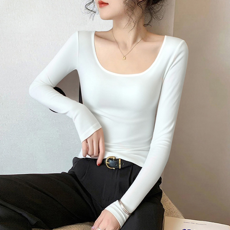 正肩方领T恤女白色内搭打底衫春装新款修身高级感可外穿洋气长袖