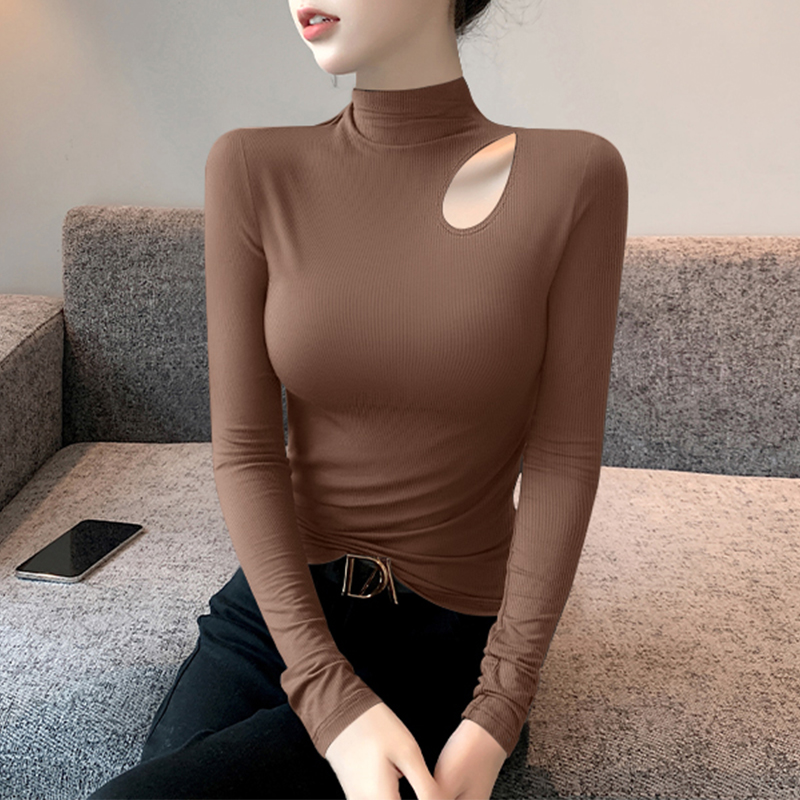 镂空半高领咖色打底衫女秋冬修身内搭针织长袖可外穿流行爆款上衣