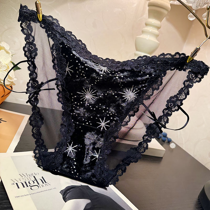轻奢时尚丝绒无痕蕾丝内裤女士性感中低腰印花三角裤棉裆底裤保暖