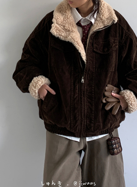 jiwuus 秋冬日系复古羊羔毛领棉衣男女生宽松美拉德立领中性外套