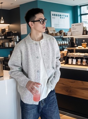 nick tian 秋冬韩版简约灰色翻领毛衣外套男开衫cleanfit休闲上衣