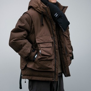 日系户外拼接工装连帽羽绒服男寒冬保暖宽松大码情侣90白鸭绒外套
