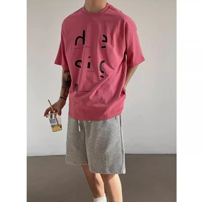 Lucah 藕粉色显白夏季新款T恤男韩版潮流休闲宽松纯棉半袖短袖潮
