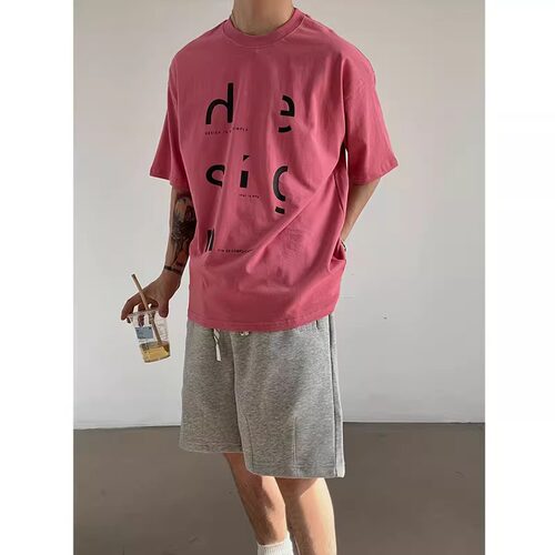 Lucah 藕粉色显白夏季新款T恤男韩版潮流休闲宽松纯棉半袖短袖潮