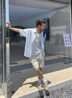 nick tian 夏季新款韩系简约户外休闲蓝色条纹肌理衬衫男宽松百搭