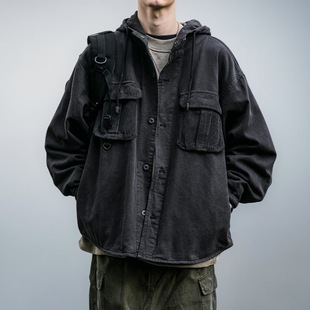 日系潮牌复古水洗工装灯芯绒拼接夹克男士秋冬款宽连帽外套上衣潮