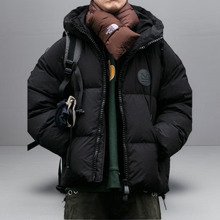 可脱卸假两件毛线领泡芙感羽绒服男冬季潮牌宽松加厚暗格纹外套潮