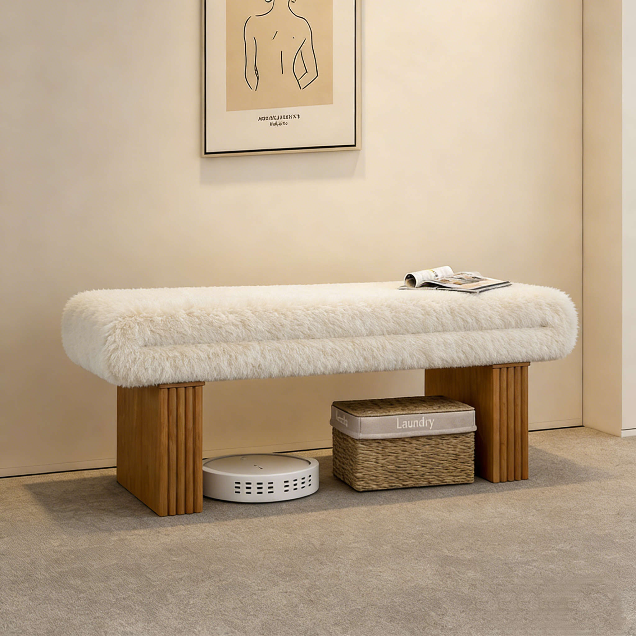 北欧侘寂风羊羔绒沙发长条凳家用实木换鞋凳设计师客厅卧室床尾凳,住宅家具,床尾凳/长凳,淘宝优惠券,粉丝福利购,淘宝优惠卷